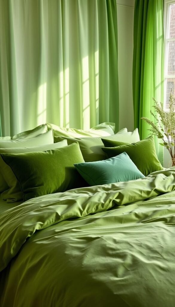 A lush, vibrant arrangement of green bedding textiles in a cozy, inviting bedroom setting. Crisp, freshly-pressed cotton sheets and a fluffy, oversized duvet cover in a deep, earthy green hue. Shimmering velvet throw pillows in verdant tones accent the plush bed. Soft, sheer curtains in a complementary green shade gently sway in the natural light that streams through the windows. The overall scene conveys a sense of tranquility and renewal, setting the stage for a restful, rejuvenating night's sleep.