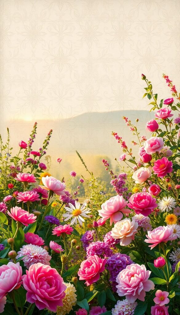 A lush, vibrant floral garden wallpaper design with an enchanting, whimsical atmosphere. Bursting with an abundance of colorful flowers and foliage in the foreground, including peonies, roses, hydrangeas, and lush greenery. The middle ground features a delicate, intricately patterned floral motif that repeats across the scene, creating a sense of depth and movement. In the background, a soft, hazy, out-of-focus landscape with hints of rolling hills and a dreamy, ethereal quality. The lighting is warm and diffused, casting a gentle, natural glow over the entire composition. The overall feel is one of tranquility, wonder, and immersive natural beauty, perfect for a serene and captivating girls' bedroom.