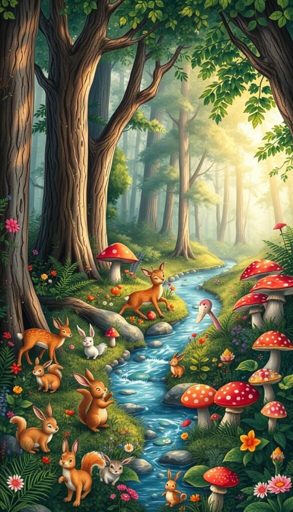 A lush, whimsical woodland wallpaper design featuring a vibrant forest scene with towering trees, dense foliage, and enchanting mushrooms. In the foreground, playful woodland creatures - deer, rabbits, and squirrels - frolic amongst the ferns and flowers. The middle ground showcases a magical stream winding through the undergrowth, its banks dotted with colorful toadstools. In the background, dappled sunlight filters through the canopy, casting a warm, dreamlike glow over the entire composition. The scene has a hand-painted, storybook-inspired aesthetic, with a sense of wonder and adventure.