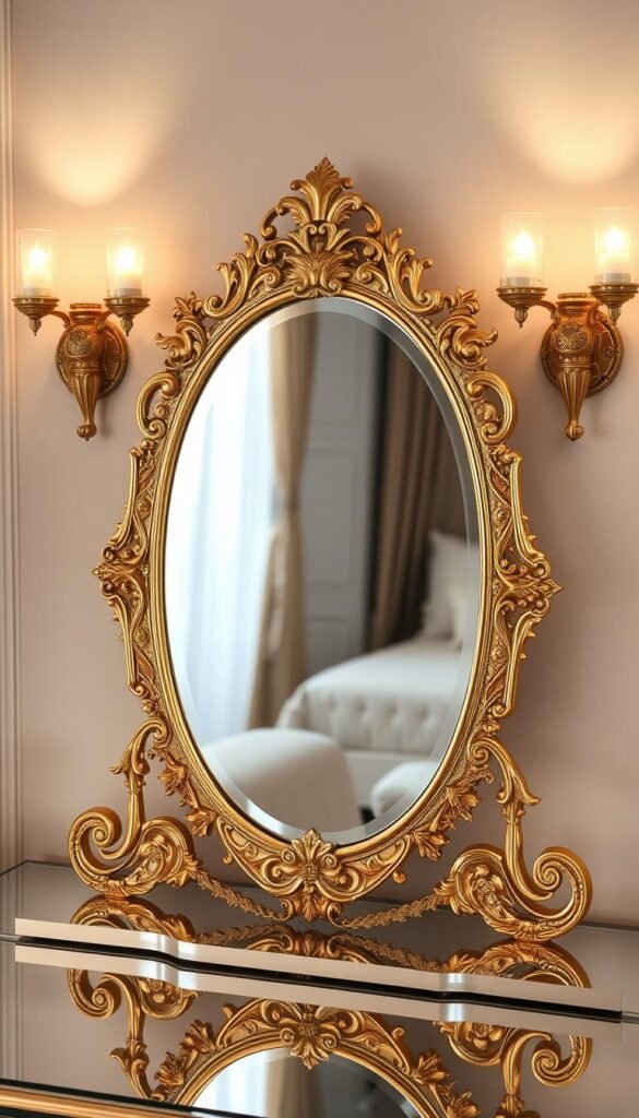A luxurious and meticulously designed vanity mirror with an ornate gold frame, delicately crafted with intricate floral patterns and elegant flourishes. The mirror is surrounded by a halo of warm, soft lighting from stylish sconces, casting a flattering, radiant glow. The mirror is positioned atop a sleek, mirrored vanity table, reflecting the serene, feminine atmosphere of a well-appointed girl's bedroom. The overall scene evokes a sense of glamour, sophistication, and timeless beauty, perfectly suited to brighten and elevate the space.