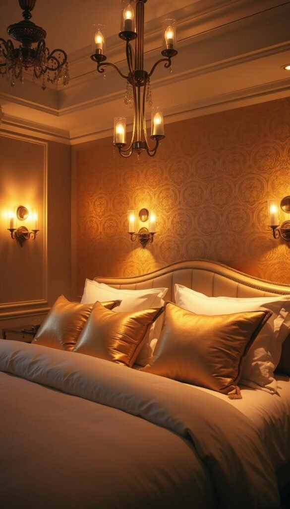 A luxurious bedroom bathed in a warm, golden glow. Strategic lighting fixtures cast a soft, ambient light, accentuating the shimmering gold accents throughout the room. Elegant wall sconces and a central chandelier provide gentle illumination, creating an inviting, cozy atmosphere. The lighting is carefully angled to highlight the textured gold wallpaper, metallic throw pillows, and gleaming brass hardware. Shadows play across the plush, ivory bedding, adding depth and dimension. The overall effect is one of understated opulence, where the golden lighting elevates the luxurious details and creates a sense of refined sophistication.