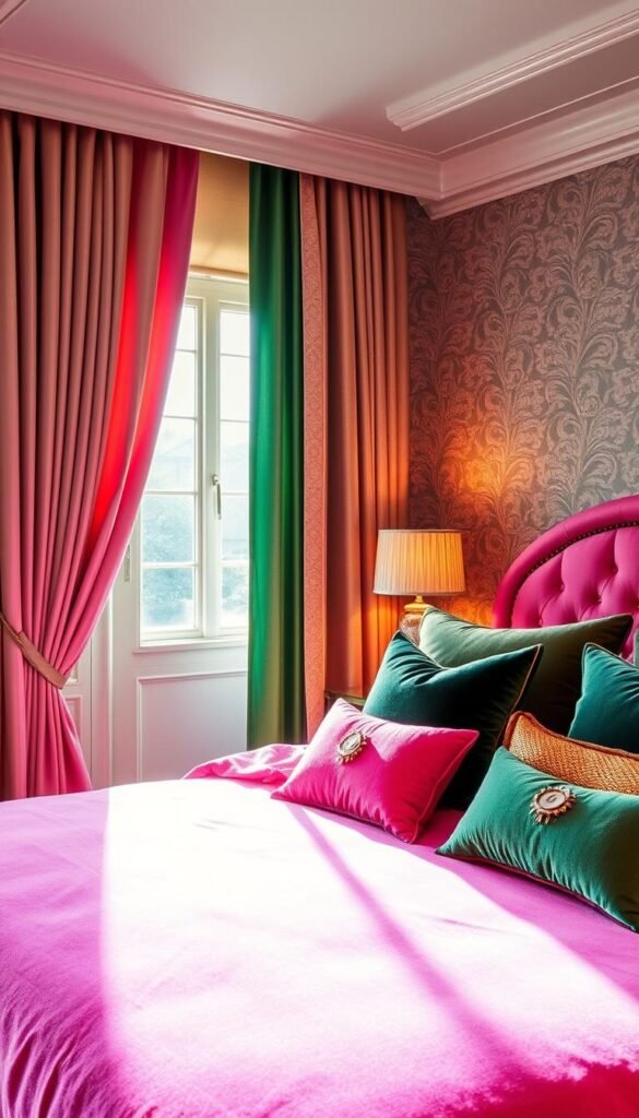 A luxurious bedroom interior bathed in soft, warm lighting. In the foreground, a plush, velvet duvet cover in a vibrant pink hue adorns a king-size bed, complemented by an array of decorative pillows in complementary green and gold tones. The middle ground features a sumptuous, textured curtain in a rich, emerald green, cascading elegantly along the window frame. In the background, a luxurious, patterned wallcovering in a delicate, floral motif sets the stage for this opulent, yet tranquil scene. The overall atmosphere exudes a sense of refined sophistication and indulgence, perfect for a girls' bedroom oasis.