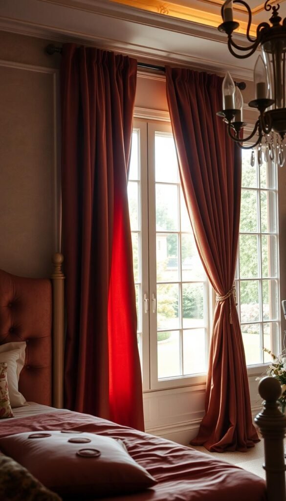A luxurious bedroom scene, bathed in warm, soft lighting. Elegant velvet silk curtains in a rich, jewel-toned hue hang gracefully, framing a large window that overlooks a serene garden. The curtains flow effortlessly, creating a sense of opulence and sophistication. The curtain fabric has a sumptuous, velvety texture that catches the light, adding depth and dimension to the space. The room is adorned with luxurious details, such as a plush, tufted headboard and delicate floral accents, all coming together to create an inviting, feminine atmosphere perfect for a young girl's dream space.