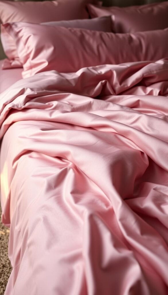 A luxurious bedspread of soft mauve hues cascades across the frame, its silky texture inviting touch. Shimmering satin pillowcases and a plush duvet cover in complementary shades create a visually harmonious layered effect. Gentle ambient lighting casts a warm, ethereal glow, accentuating the elegant folds and intricate stitching. The camera angle captures the scene from a low perspective, emphasizing the cozy, enveloping nature of the mauve bedding. An atmosphere of serene sophistication and sumptuous comfort pervades the image, perfectly reflecting the artistry of layering mauve for a tranquil, indulgent bedroom retreat.