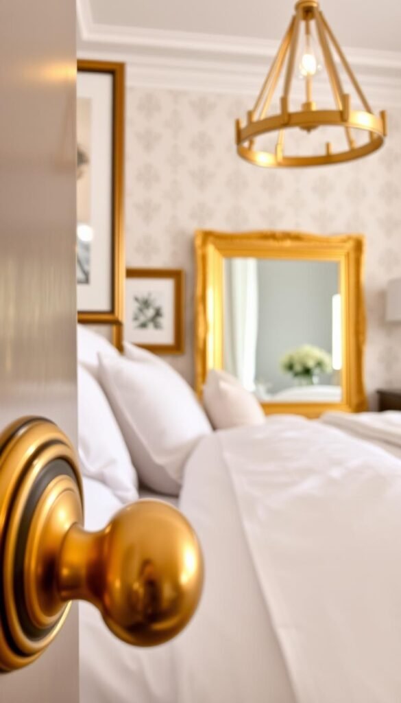 A luxurious comparison of gold accent finishes in a meticulously styled bedroom. In the foreground, a close-up view showcases the warm, gleaming tones of polished brass hardware, contrasted by the cool, matte sheen of gold-leafed picture frames. In the middle ground, a gold-trimmed mirror reflects the soft, indirect lighting, creating a sense of depth and elegance. The background features a harmonious palette of crisp white linens, subtle wallpaper patterns, and the gentle glow of a gold-framed pendant light, conveying a serene, refined atmosphere.