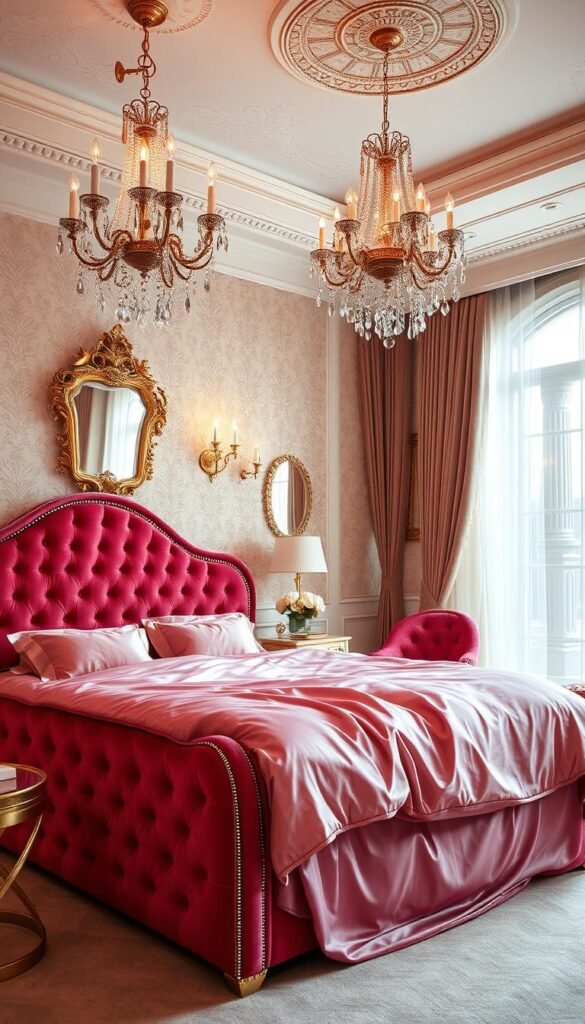 A luxurious, feminine bedroom with a glamorous, elegant aesthetic. The room is filled with plush, soft textures, like a sumptuous velvet tufted bed frame and shimmering satin bedding in a deep, vibrant pink hue. Delicate crystal chandeliers cast a warm, romantic glow, while ornate gilded mirrors and metallic accents add a touch of opulence. The walls are adorned with intricate wallpaper in a subtle floral pattern, complementing the luxurious vibe. Lush, flowing curtains in a sheer, billowy fabric frame the large windows, allowing natural light to flood the space. The overall atmosphere is one of refined sophistication and indulgent, dreamy femininity.