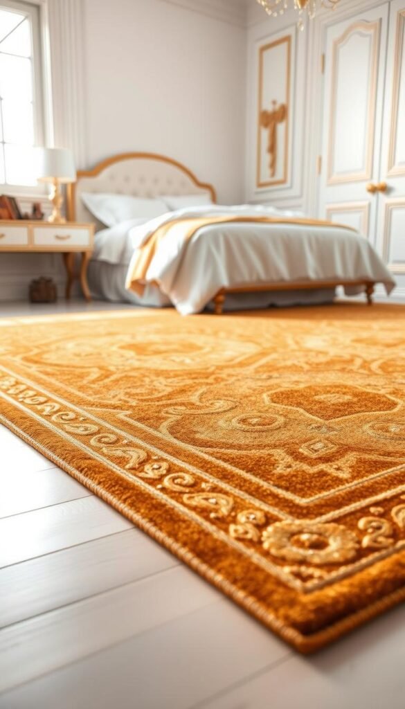 A luxurious gold accent area rug with a stunning geometric design, featuring intricate patterns and metallic accents that shimmer under warm, soft lighting. The rug is placed in the foreground, resting on a clean, white hardwood floor, creating a harmonious contrast that exudes elegance and sophistication. The lighting casts a golden glow, evoking a sense of warmth and comfort, while the carefully composed angles and perspective draw the eye to the centerpiece of the room. This rug design perfectly complements a white and gold bedroom, adding depth, texture, and a touch of opulence to the overall space.