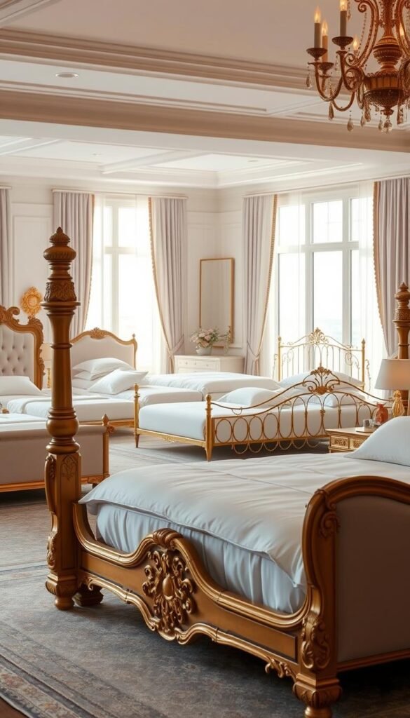 A luxurious selection of white and gold bed frames in a bright, airy bedroom. In the foreground, the focal point is a grand, ornately carved wooden bed frame with a plush, tufted headboard. The middle ground features a variety of high-end bed frames, including sleek, metal designs and elegant, upholstered styles. The background showcases a serene, light-filled space with large windows, soft curtains, and understated decor, creating a sense of tranquility and sophistication. The lighting is warm and diffused, accentuating the golden accents and the pristine, white linens. The overall atmosphere exudes a refined, opulent ambiance, perfectly suited for the "White and Gold Bedroom Ideas That Feel Luxe" article.