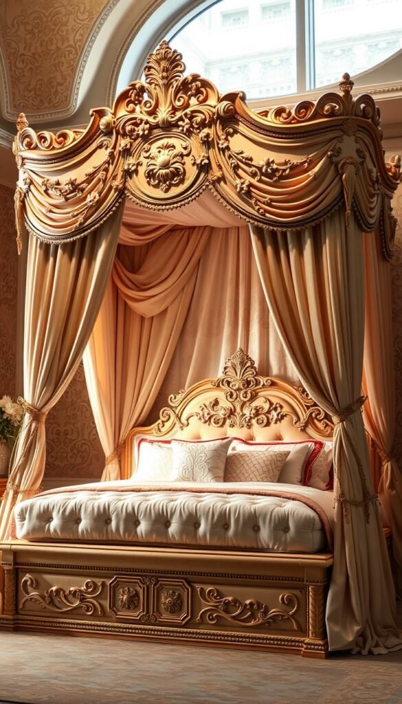 A magnificent canopy bed with intricate floral carvings and plush velvet curtains, bathed in soft, warm lighting. The canopy is adorned with delicate swirls of vines and blooming flowers, creating a whimsical, enchanted atmosphere. The bed is elevated on a raised dais, with a plush, tufted mattress and an array of luxurious pillows. The background features a lavish, ornate wallpaper with a subtle metallic sheen, complementing the opulent design. The scene exudes a sense of dreamlike wonder, perfect for a princess's magical sanctuary.