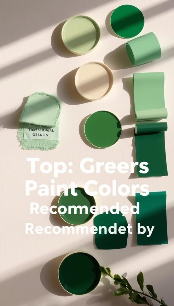 A meticulously curated collection of designer-recommended green paint colors, beautifully displayed in a visually striking arrangement. Vibrant hues ranging from soft sage to deep forest green are showcased in an elegant, minimalist setting, with each color sample positioned against a pristine white background, casting delicate shadows that add depth and dimension. Warm, natural lighting bathes the scene, creating a sense of tranquility and sophistication. The overall composition is both informative and visually captivating, perfectly capturing the essence of the "Top Green Paint Colors Recommended by Designers" section.