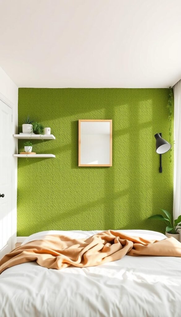A meticulously planned green accent wall in a cozy bedroom, captured in soft natural lighting. The wall's verdant hue is the focal point, accentuated by a clean white backdrop and minimalist decor. Carefully placed shelves, trailing plants, and a simple wood-framed mirror create a harmonious, serene atmosphere. The room's layout is thoughtfully considered, with the accent wall seamlessly integrated into the overall design. The camera captures a frontal view, emphasizing the wall's prominent position and the careful planning that has gone into its execution.