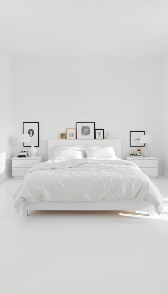 A minimalist all-white bedroom showcasing common design mistakes to avoid. In the foreground, an overly clinical, sterile bed setup with harsh lighting and cold, clinical linens. In the middle ground, cluttered nightstands with too many impersonal decorative elements. The background features bare, uninviting walls, lacking any warmth or personality. The overall atmosphere is one of lifelessness and lack of comfort. Capture this scene with a wide-angle lens to emphasize the empty, uninviting space. Use soft, indirect lighting to create a more inviting, relaxed mood, in contrast with the clinical foreground.