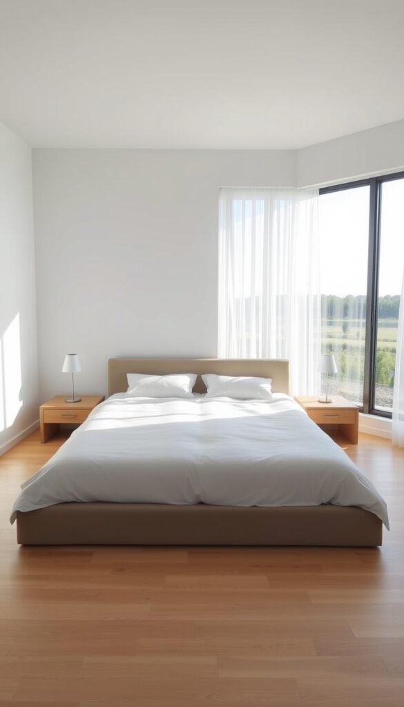 A minimalist bedroom featuring a low-profile platform bed with a white linen duvet, flanked by two minimalist nightstands with simple lamps. The room is bathed in soft, natural light filtering through sheer curtains. The floors are made of light-colored hardwood, and the walls are painted in a crisp, clean white. A large window overlooking a serene outdoor landscape completes the tranquil, zen-like atmosphere. The image captures the essential elements that form the foundation of a restful, minimalist bedroom.
