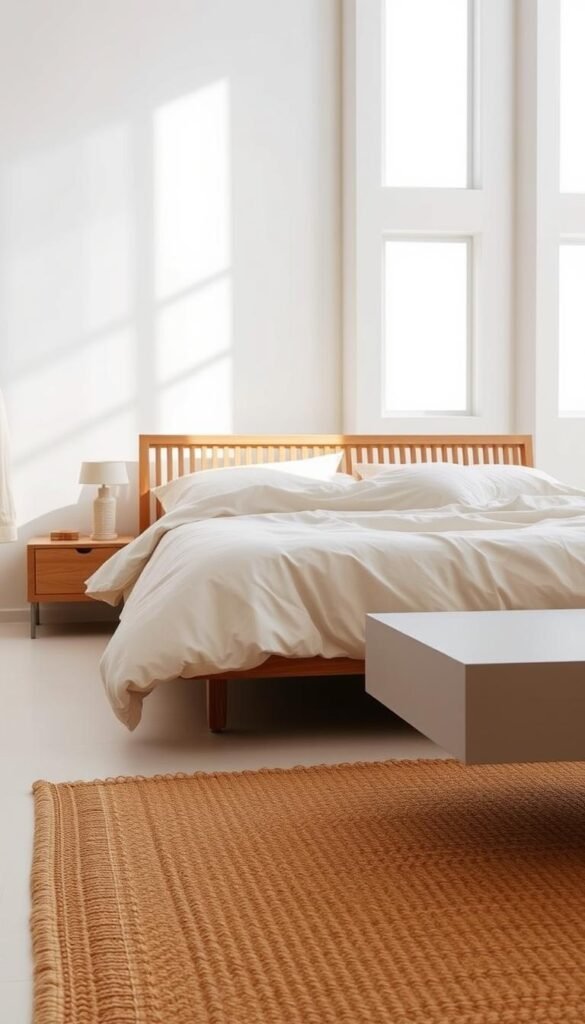 A minimalist bedroom with a textured, layered design. The room features a neutral color palette, with a plush, off-white duvet covering the bed. The headboard is a simple, slatted wooden design, adding natural warmth and organic texture to the space. Soft, diffused lighting filters in through large windows, casting a gentle glow and creating a calming atmosphere. The walls are a pristine white, providing a clean backdrop for the layered textures. In the foreground, a woven area rug with a subtle pattern grounds the space, while a floating nightstand with a smooth, matte finish adds a sleek, modern element. The overall effect is one of serene, understated elegance.