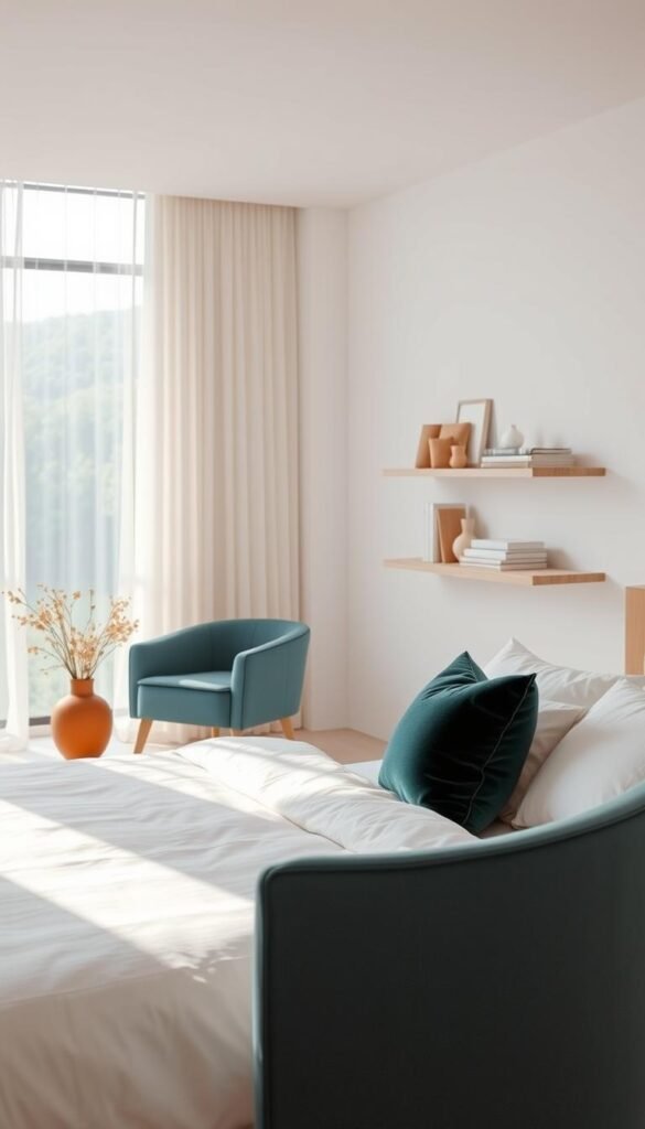 A minimalist bedroom with crisp white walls and plush bedding. In the foreground, strategic pops of color - a soft blue velvet armchair, a terracotta vase with dried florals, and a forest green throw pillow. Warm, diffused lighting filters through sheer curtains, casting a serene glow. The middle ground features a low-profile wooden nightstand and a sleek, floating shelving unit displaying an array of neutral-toned decor pieces. The background showcases a large window with views of a lush, verdant landscape, creating a sense of tranquility and connection to nature. This image exudes a calming, zen-like atmosphere, showcasing how thoughtful use of accent colors can elevate a simple, all-white bedroom design.