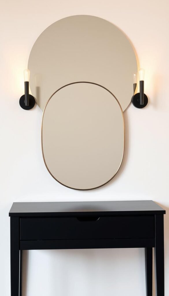 A minimalist vanity setup showcasing a sleek, matte black wooden vanity with clean lines, accompanied by a circular mirror with a thin metal frame. Soft, warm lighting emanates from a pair of modern sconces mounted on the wall above the mirror, creating a cozy, inviting ambiance. The vanity features a single drawer and a spacious tabletop, offering ample space for makeup and beauty essentials. The background is a simple, off-white wall, allowing the vanity to take center stage. The overall aesthetic is refined, sophisticated, and tailored to the needs of a young, fashion-conscious individual.