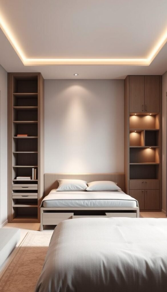 A minimalist, well-lit bedroom with a focus on smart storage solutions. In the foreground, a sleek, modular shelving unit with hidden compartments and adjustable shelves. Midground features a low-profile bed frame with integrated drawers and cubbies for concealed storage. The background showcases a neutral-toned accent wall with recessed shelving niches, strategically placed to maximize space. Soft, diffused lighting from concealed sources casts a warm, calming glow, creating an atmosphere of tranquility and organization. The overall composition emphasizes clean lines, a monochromatic palette, and seamlessly integrated storage to embody a sense of serene, minimalist functionality.