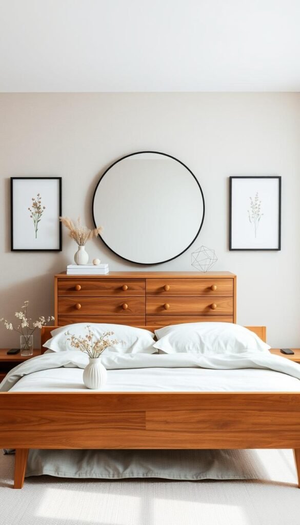A minimalist yet intentionally decorated girls' bedroom. In the foreground, a low-profile wooden bed frame with soft, natural linen bedding. On the nightstands, a pair of ceramic vases hold delicate wildflowers. The middle ground features a wooden dresser with a large round mirror above it, reflecting the room's calming ambiance. Hanging on the walls, simple botanical prints in sleek black frames. The background showcases a neutral-toned, textured wall, bathed in soft, diffused natural light from a large window. The overall mood is one of quiet sophistication and personal expression, creating a serene, restorative space.