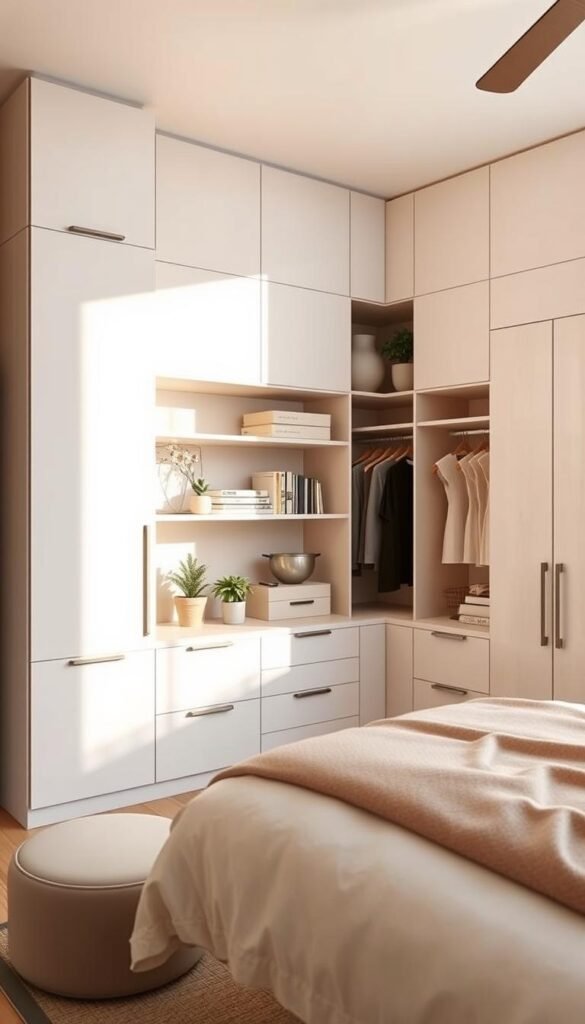 A minimalist yet stylish bedroom storage solution, featuring built-in shelves, floating cabinets, and a sleek closet system. The room is bathed in warm, natural lighting from a large window, casting a soft glow on the muted color palette of beige, white, and hints of wood tones. Carefully curated decorative accents like potted plants, books, and framed artwork add a touch of personality. The overall atmosphere is one of calm, order, and efficiency, perfectly complementing the "Floral Girls Bedroom Ideas for a Sweet Touch" theme. A minimalist yet stylish bedroom storage solution, featuring built-in shelves, floating cabinets, and a sleek closet system. The room is bathed in warm, natural lighting from a large window, casting a soft glow on the muted color palette of beige, white, and hints of wood tones. Carefully curated decorative accents like potted plants, books, and framed artwork add a touch of personality. The overall atmosphere is one of calm, order, and efficiency, perfectly complementing the "Floral Girls Bedroom Ideas for a Sweet Touch" theme.