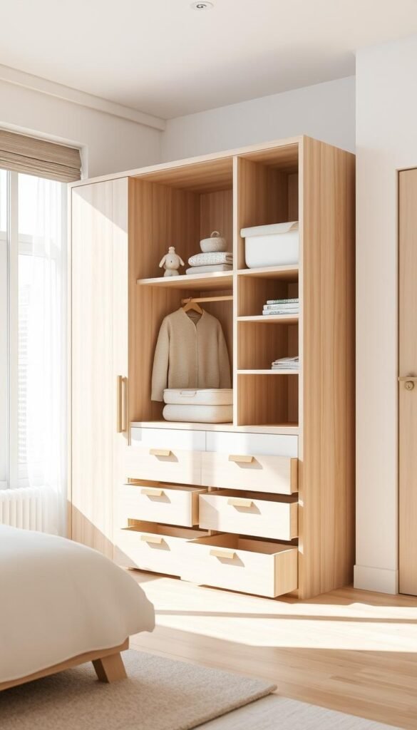 A modern, minimalist multifunctional piece of furniture with built-in drawers, designed for a small girls' bedroom. The piece is made of light-colored wood with clean lines and a sleek silhouette. It features multiple storage compartments, including spacious drawers, hidden behind a seamless facade. The furniture is positioned in a well-lit, airy room, with soft natural light filtering through large windows. The overall atmosphere is calming and conducive to a clutter-free, organized living space.