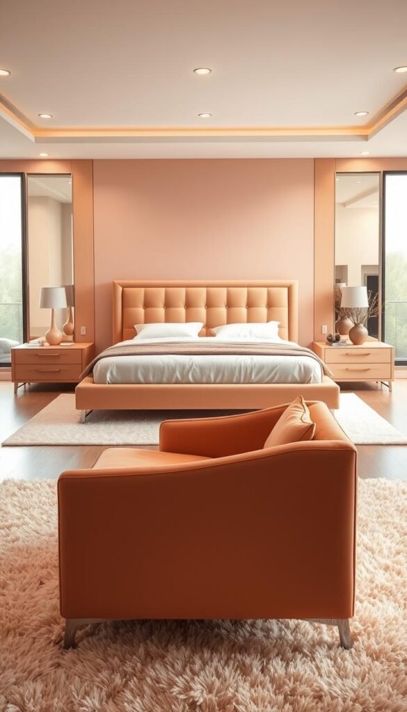 A modern peach bedroom with sleek, minimalist furniture design. A large, low-profile platform bed with a plush, tufted peach headboard takes center stage, flanked by matching floating nightstands with subtle brass hardware. In the foreground, a modern peach lounge chair with clean lines sits atop a soft, plush area rug. The mid-ground features a large, peach-toned dresser with clean lines and a minimalist design. Soft, diffused lighting from hidden ceiling fixtures creates a warm, inviting ambiance, while large windows allow natural light to fill the space. The overall aesthetic is a harmonious blend of contemporary style and soothing, peach-toned hues.