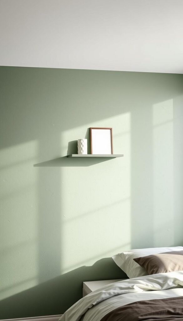 A modern, tranquil green accent wall with a soothing, balanced design. Soft, natural lighting illuminates the space, creating a calming ambiance. The wall features a subtle textured finish, with a mix of muted green hues that blend harmoniously. Minimalist wall decor, such as a sleek floating shelf or a simple piece of abstract art, complements the elegant simplicity of the design. The overall aesthetic is both bold and refined, evoking a sense of serene sophistication perfect for a bedroom setting.