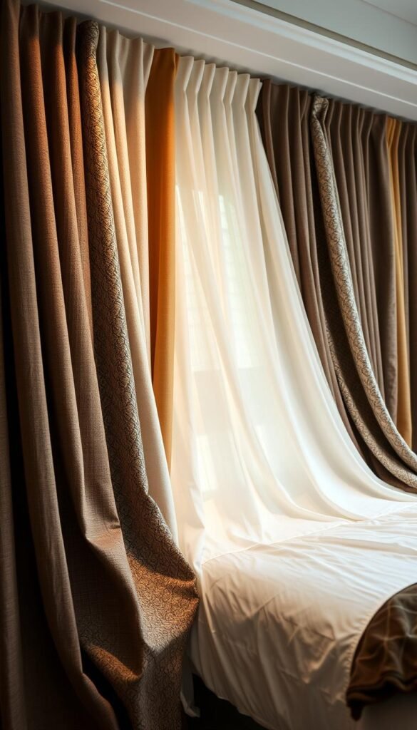 A neatly arranged display of high-quality curtain fabrics, showcasing a diverse selection of textures, patterns, and colors. The fabrics are draped gracefully, allowing the viewer to appreciate their luxurious feel and visual appeal. The lighting is soft and diffused, creating a warm, inviting atmosphere that highlights the nuances and subtle shades of the textiles. The background is slightly blurred, placing the focus entirely on the fabrics and creating a sense of depth and visual interest. The overall composition is balanced and aesthetically pleasing, inviting the viewer to imagine how these fabrics would complement and transform a bedroom's ambiance.