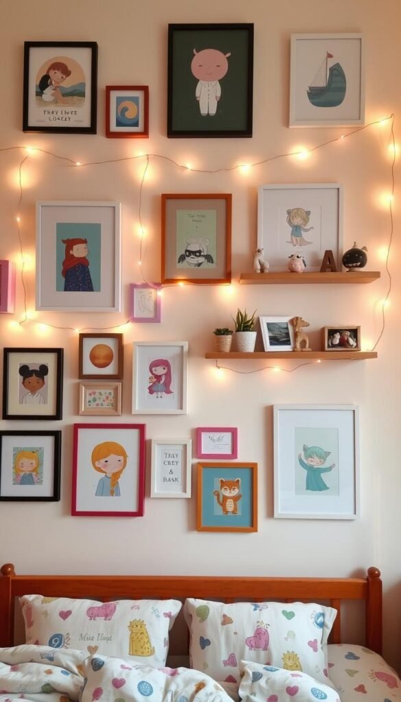 A personalized gallery wall for a girls room, showcasing a harmonious collection of framed artwork, photography, and whimsical decorative elements. The foreground features a mix of colorful, playful prints and illustrations in varying frames and sizes, arranged with intentional asymmetry for visual interest. In the middle ground, delicate string lights and floating shelves display an assortment of trinkets, plants, and mini sculptures, creating a cozy, inviting atmosphere. The background is a soft, pastel-tinted wall, allowing the vibrant artwork to take center stage. Gentle, warm lighting from a combination of natural and artificial sources casts a soothing, dreamy glow across the entire scene. The overall aesthetic is playful, imaginative, and perfectly suited for a young girl's personal space.