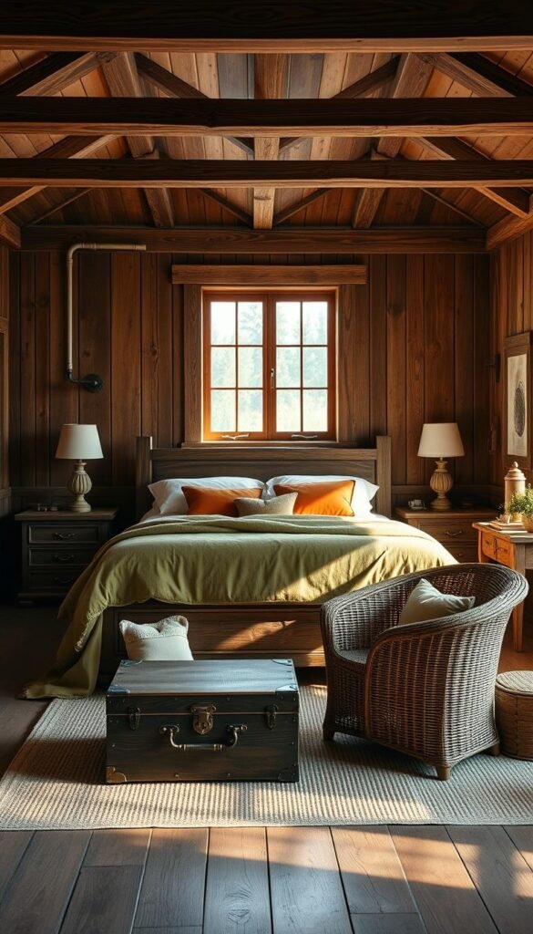 A rustic farmhouse bedroom bathed in natural light, the weathered wood textures of the walls, ceiling, and furniture creating a warm, inviting ambiance. A large wooden bed frame with a plush olive green quilt and terracotta-colored pillows takes center stage, flanked by matching nightstands with carved details. Soft, diffused sunlight streams through the large window, casting gentle shadows and highlighting the textural richness of the environment. A cozy sitting area with a woven armchair and a vintage trunk-style coffee table completes the serene, retreat-like atmosphere. Subtle earth-toned accents and natural fiber decor elements tie the overall aesthetic together, evoking a sense of tranquility and rustic charm.