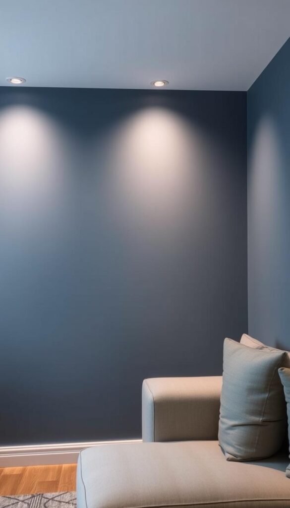 A serene and sophisticated blue-grey accent wall with a subtly textured surface, illuminated by warm, diffused lighting from strategically placed fixtures. The wall takes center stage, its calming hue complemented by harmonious, muted tones in the surrounding decor. Minimalist yet impactful, the design effortlessly creates a sense of tranquility and balance, elevating the overall atmosphere of the room.