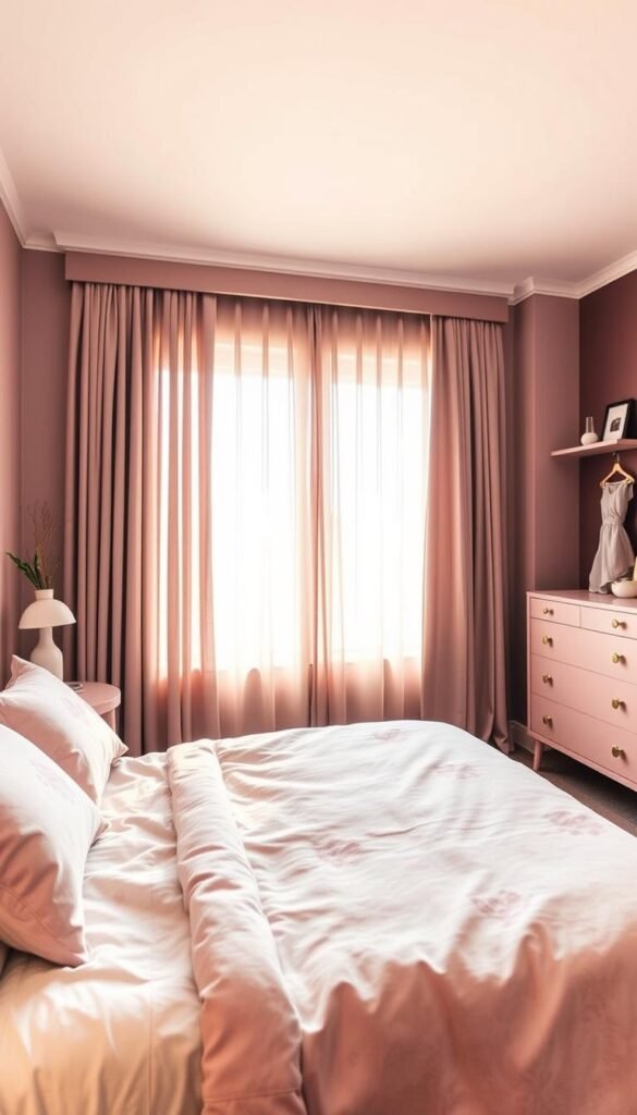 A serene and sophisticated mauve-toned bedroom, flooded with soft, warm lighting. In the foreground, a plush, velvet-upholstered bed with delicate mauve floral bedding. Nearby, a mid-century modern dresser and nightstand in a complementary shade of mauve, accented with brass hardware. In the middle ground, a sheer mauve curtain panels frame the large window, casting a gentle glow across the space. The background features a feature wall in a deeper, moody mauve hue, adorned with minimalist artwork and shelving. The overall atmosphere is calm, cozy, and decidedly feminine, perfectly suited for a young girl's dream bedroom.