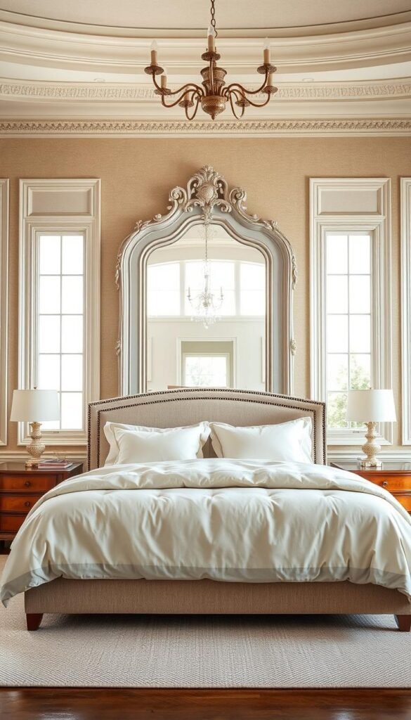 A serene and timeless beige and white bedroom design. In the foreground, a plush, inviting king-size bed with soft, luxurious bedding in shades of beige and ivory. Flanking the bed, pair of elegant nightstands in a warm wood tone. In the middle ground, a large, ornate mirror in a distressed white frame reflects the natural light streaming in through large, airy windows. The background features subtle, textured beige walls accented with delicate white moldings. The overall atmosphere is one of tranquility and sophistication, creating a harmonious, restorative retreat.