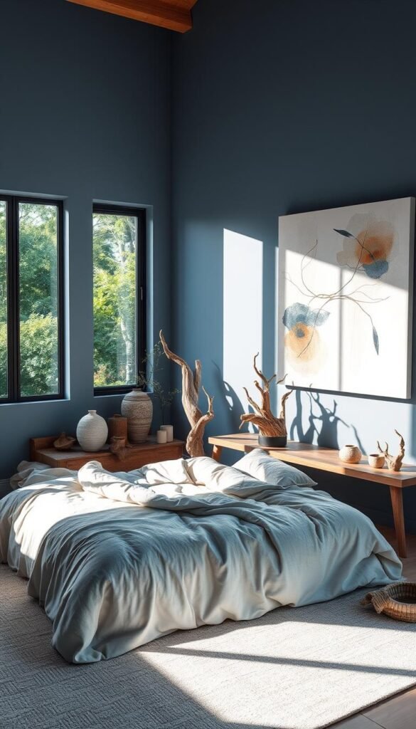 A serene blue-grey bedroom bathed in natural light, with a large window framing a lush outdoor vista. In the foreground, a plush, inviting bed adorned with soft, textured linens. Scattered around the room, artistic ceramics, driftwood sculptures, and a striking abstract painting on the wall, blending organic forms with muted hues. The space exudes a calming, meditative atmosphere, enhanced by the play of shadow and light across the natural elements.
