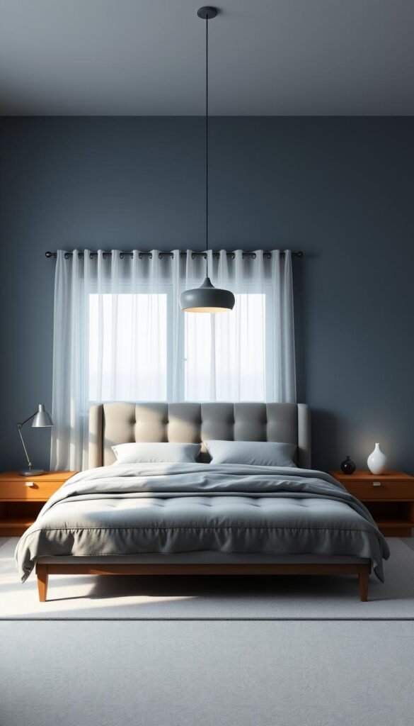 A serene blue-grey bedroom with a calming atmosphere. Soft, diffused lighting bathes the space in a soothing ambiance. The walls are painted in a muted blue-grey tone, creating a sense of tranquility. A plush, grey upholstered bed dominates the foreground, surrounded by minimalist side tables and a modern pendant light. Warm wood tones in the nightstands and headboard add depth and contrast. Delicate, sheer curtains frame the windows, allowing natural light to filter in. The overall mood is one of relaxation and restfulness, inviting the viewer to sink into the space and experience a restorative sleep.