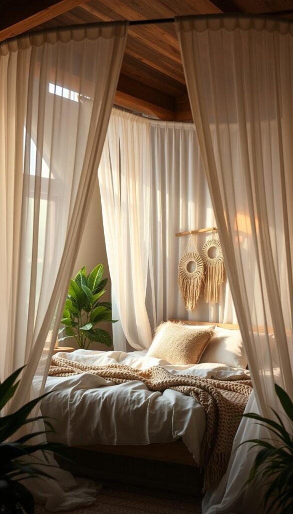 A serene canopy bed with flowing, semi-sheer curtains in a dreamy, boho-inspired bedroom. Soft, diffused lighting filters through the sheer fabric, creating a warm, romantic ambiance. The bed is adorned with plush, textured bedding in neutral tones, complemented by earthy, natural accents like woven throws and wall hangings. Lush, verdant plants surround the bed, blurring the boundaries between the indoor and outdoor spaces. The scene evokes a sense of tranquility and escapism, inviting the viewer to imagine themselves cocooned in this cozy, sanctuary-like retreat.