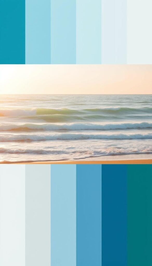 A serene coastal color palette, bathed in natural light. The foreground showcases a spectrum of soothing blues, from azure to indigo, complemented by hints of seafoam green. In the middle ground, gentle waves crash against a shoreline of soft, sandy hues. The background features a gradient of warm, golden sunlight, casting a tranquil glow over the scene. The overall composition evokes a sense of calming harmony, evoking the breezy, serene atmosphere of a coastal bedroom.