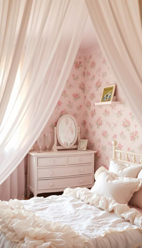 A serene, feminine girls' bedroom with soft pastel hues and delicate floral accents. In the foreground, a cozy twin-sized bed is adorned with ruffled bedding and plush pillows. A sheer canopy cascades gracefully overhead, creating a dreamy, enchanted atmosphere. The middle ground features a charming white wooden dresser topped with elegant glass vases and a vintage-inspired mirror. In the background, a cheerful wallpaper with whimsical floral patterns lines the walls, complemented by floating shelves displaying storybooks and framed artwork. Warm, diffused lighting filters through sheer curtains, casting a warm, inviting glow throughout the space.