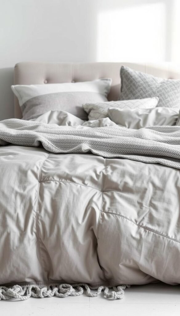 A serene, layered grey bedding design with soft, airy textures. In the foreground, a plush grey duvet cover with delicate stitching details, contrasted by a lighter grey knit throw casually draped at the foot of the bed. In the middle ground, additional textural elements like a woven grey blanket and a fluffy grey pillow with subtle pattern accents. The background features a neutral grey headboard and a muted grey-toned wall, creating a calming, cohesive atmosphere. Soft, diffused lighting casts a gentle glow, enhancing the tranquil, soothing mood. The entire scene exudes a sense of sophistication and relaxation, perfect for a light grey bedroom oasis.