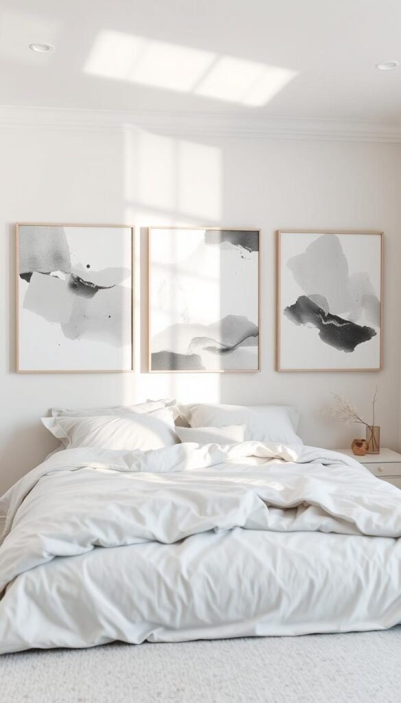 A serene, light-filled bedroom with tasteful grey and white artwork adorning the walls. The artwork features abstract patterns, soft brushstrokes, and subtle textures, creating a visually captivating and harmonious display. The lighting is gentle, with a soft, diffused glow that highlights the nuances of the artwork. The room has a calming, minimalist aesthetic, allowing the artwork to take center stage and elevate the space. The arrangement of the artwork is thoughtful and well-curated, creating a cohesive and visually appealing display. The overall atmosphere is one of tranquility and sophistication, perfectly complementing the airy and serene nature of the light grey bedroom.