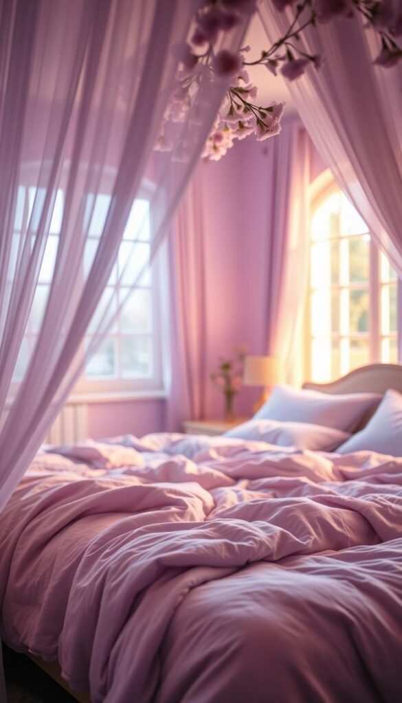 A serene lilac-hued bedroom, bathed in a soft, dreamy glow. In the foreground, a delicate floral canopy casts a warm, diffused light, creating a cozy, intimate atmosphere. The middle ground features a plush, lavender-colored bedding set, its textures and tones subtly illuminated. In the background, a large window allows natural light to filter in, imbuing the space with a gentle, ethereal ambiance. The lighting is carefully balanced, creating a sense of tranquility and relaxation. Warm, muted tones predominate, lending a tranquil, soothing quality to the scene. The overall effect is one of a calming, peaceful haven, perfect for a restful slumber. A serene lilac-hued bedroom, bathed in a soft, dreamy glow. In the foreground, a delicate floral canopy casts a warm, diffused light, creating a cozy, intimate atmosphere. The middle ground features a plush, lavender-colored bedding set, its textures and tones subtly illuminated. In the background, a large window allows natural light to filter in, imbuing the space with a gentle, ethereal ambiance. The lighting is carefully balanced, creating a sense of tranquility and relaxation. Warm, muted tones predominate, lending a tranquil, soothing quality to the scene. The overall effect is one of a calming, peaceful haven, perfect for a restful slumber.