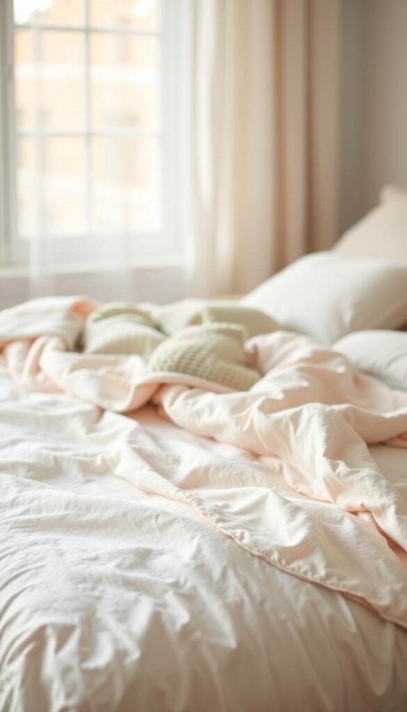 A serene, pastel-toned bedding arrangement, captured in natural light. In the foreground, plush, textured layers of pale pink and mint green linens cascade across a delicate, ivory-toned comforter. Subtle patterns, such as muted stripes and delicate florals, add visual interest. The middle ground reveals a soft, knitted throw in a complementary hue, artfully draped over the bedding. The background showcases a softly blurred, airy window view, allowing natural light to filter in and accentuate the dreamy, cozy atmosphere. The overall mood is one of relaxation, comfort, and a sense of tranquility.
