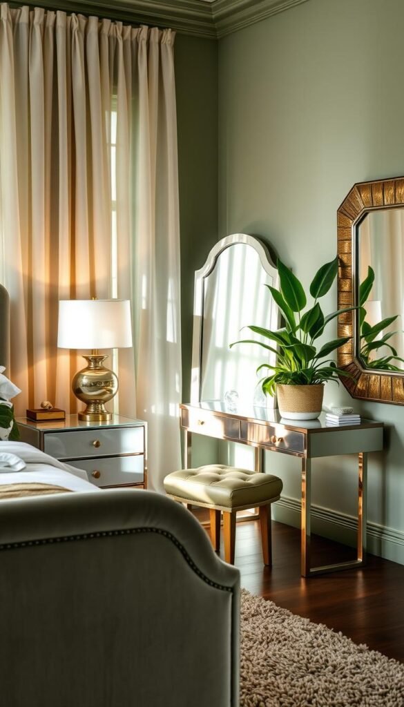 A serene, sage green bedroom with metallic accents that catch the soft, warm light filtering through sheer curtains. In the foreground, a plush, velvet upholstered bed frame adorned with gleaming brass hardware. On the nightstands, sculptural metallic lamps cast a gentle glow. The middle ground features a mirrored vanity table with a brushed nickel finish, complemented by a tufted leather stool. In the background, a shimmering, metallic-framed mirror reflects the tranquil scene. Lush greenery in ceramic planters adds a touch of nature, while a shag rug in a complementary hue grounds the space. The overall atmosphere is one of quiet elegance and refined sophistication.