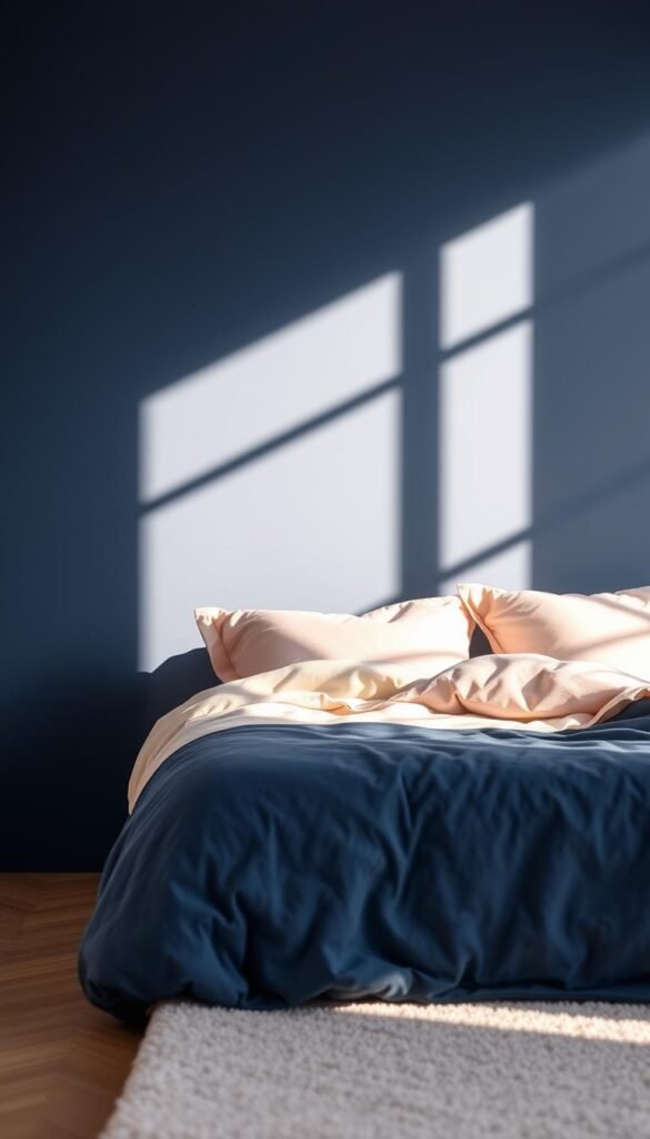 A serene study in contrasting hues, showcasing a navy blush color combination. The foreground features a soft, muted navy blue wall, providing a calming backdrop. In the middle ground, delicate blush pink accents, such as plush bedding and decor pieces, create a harmonious balance. Natural light filters in, casting a warm, diffused glow throughout the scene, evoking a sense of tranquility. The overall composition exudes a soothing, sophisticated atmosphere, perfectly suited for a blue and pink bedroom aesthetic.