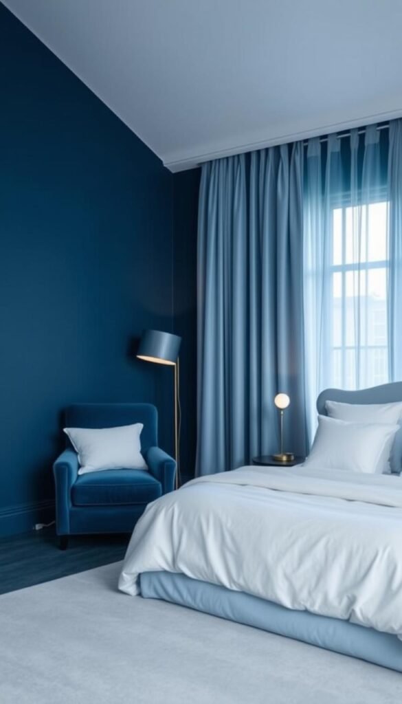 A serene, tranquil bedroom with sophisticated blue hues, bathed in soft, diffused lighting. The walls are painted in a rich, velvety indigo that exudes a sense of calming elegance. A plush, oversized bed takes center stage, its crisp white linens and fluffy pillows inviting a peaceful slumber. In the corner, a cozy reading nook with a deep blue velvet armchair and a floor lamp casting a warm glow. Sheer curtains in a delicate shade of azure sway gently, filtering the natural light and creating a serene, dreamlike atmosphere. The overall scene conveys a harmonious balance, where the refined color palette and soft textures work together to inspire a sense of restfulness and calm.
