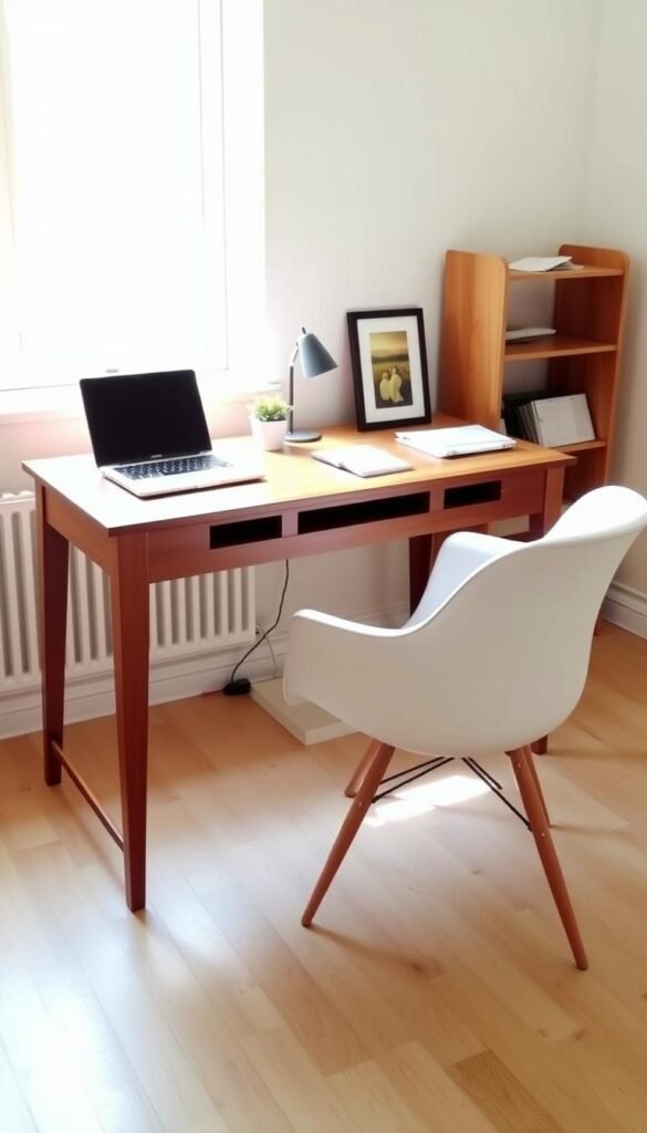 A simple, functional desk setup with a wooden table, a comfortable chair, a laptop, and essential office supplies. The room has natural lighting streaming through the window, casting a warm, cozy ambiance. The desk is arranged neatly, with a small potted plant and a framed artwork adding a touch of personality. The overall aesthetic is minimalist and budget-friendly, focusing on practicality and efficiency for a productive study or work environment. A simple, functional desk setup with a wooden table, a comfortable chair, a laptop, and essential office supplies. The room has natural lighting streaming through the window, casting a warm, cozy ambiance. The desk is arranged neatly, with a small potted plant and a framed artwork adding a touch of personality. The overall aesthetic is minimalist and budget-friendly, focusing on practicality and efficiency for a productive study or work environment.