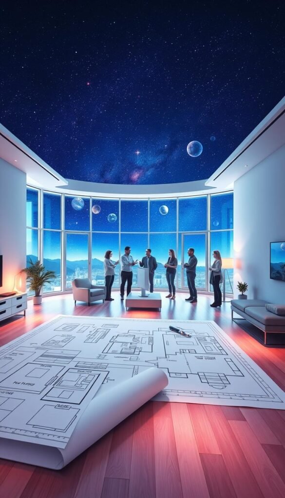 A spacious, well-lit bedroom in shades of blue and pink. The foreground features a detailed floor plan of the room, with furniture and layout arrangements marked out. In the middle ground, a team of architects and designers discuss the plan, gesturing animatedly. The background showcases a starry night sky, with planets and galaxies visible through large windows, creating a dreamlike, cosmic atmosphere. Soft, warm lighting illuminates the scene, casting a cozy glow. The overall mood is one of thoughtful planning and creative inspiration, perfectly reflecting the "Planning Your Blue and Pink Bedroom Transformation" theme.