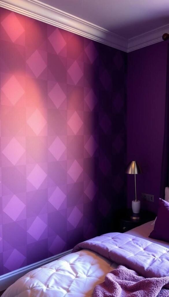 A striking, high-contrast purple statement wall design, featuring a bold, geometric pattern in various shades of lavender and plum. The design is illuminated by warm, directional lighting, casting dramatic shadows and highlights that accentuate the dimensional texture. The wall serves as a captivating focal point, setting the stage for a cozy, sophisticated girls' bedroom. The overall mood is one of regal elegance, with the mauve tones complemented by metallic accents and lush, tactile fabrics.