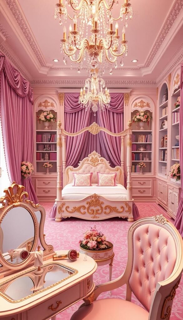 A stunning princess-themed room with delicate floral arrangements, shimmering crystal chandeliers, and plush velvet curtains in shades of pink and lavender. In the foreground, a luxurious vanity with ornate mirrors, jewelry trays, and a collection of ornate hairpins and tiaras. In the middle ground, a grand four-poster bed with intricate embroidered bedding and soft pastel pillows. The background features elegant floor-to-ceiling bookcases, housing a variety of storybooks and trinkets. Soft, warm lighting casts a magical glow throughout the space, creating an enchanting atmosphere fit for a true princess.