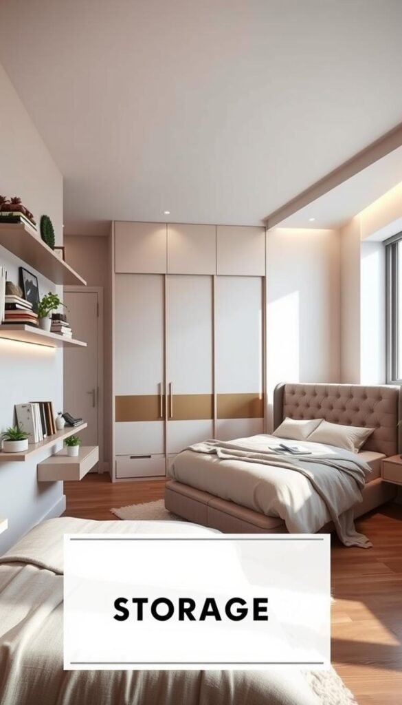 A stylish and functional bedroom with a variety of storage solutions. A modern, minimalist aesthetic with clean lines and a warm, cozy ambiance. In the foreground, a set of floating shelves adorned with decorative items, books, and potted plants. In the middle ground, a sleek, built-in wardrobe with sliding doors and concealed lighting. The background features a large, tufted headboard with integrated nightstands and task lighting. The room is bathed in soft, diffused natural light from a large window, creating a serene and inviting atmosphere. The overall composition emphasizes the harmonious integration of form and function, showcasing practical yet visually appealing storage ideas for a girls' bedroom.