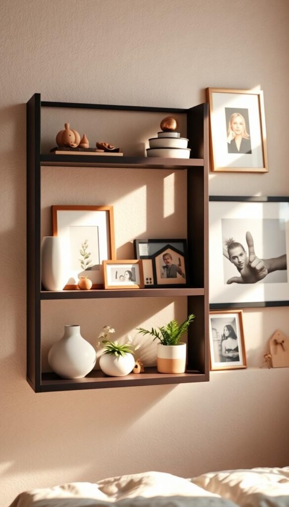 A stylish and inviting floating shelf display, bathed in soft, natural lighting. In the foreground, decorative trinkets and ornaments are artfully arranged - ceramic vases, potted plants, and delicate trinkets. The middle ground features framed artwork and photographs, while the background showcases a textured, neutral-toned wall. The overall aesthetic is one of refined elegance, with each element complementing the others to create a visually harmonious and Instagram-worthy vignette. The lighting is warm and diffused, creating a cozy, intimate atmosphere perfect for a girls' bedroom.